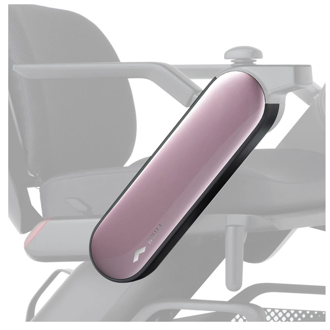 Close-up of pink and black Arm Covers for Whill Model C2 Power Chairs attached to a modern office chair, with the rest of the chair shown in faded, semi-transparent gray.